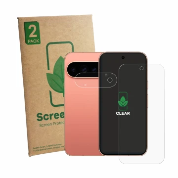 Vorderseite einer Produktverpackung mit dem Markenlogo ScreenLeaf. Daneben ist das Gerät Google Pixel 11 Pro (Display+Kamera) 
