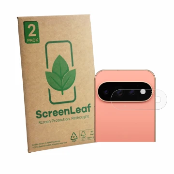 Vorderseite einer Produktverpackung mit dem Markenlogo ScreenLeaf. Daneben ist das Gerät Google Pixel 11 Pro (NUR Kameraschutz