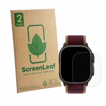 Vorderseite einer Produktverpackung mit dem Markenlogo ScreenLeaf. Daneben ist das Gerät Apple Watch Ultra 4 (49 mm) mit dem z