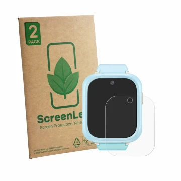 Vorderseite einer Produktverpackung mit dem Markenlogo ScreenLeaf. Daneben ist das Gerät TCL Kids Watch K5 mit dem zugehörigen