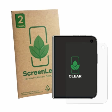 Vorderseite einer Produktverpackung mit dem Markenlogo ScreenLeaf. Daneben ist das Gerät Apple iPhone Duo mit dem zugehörigen 