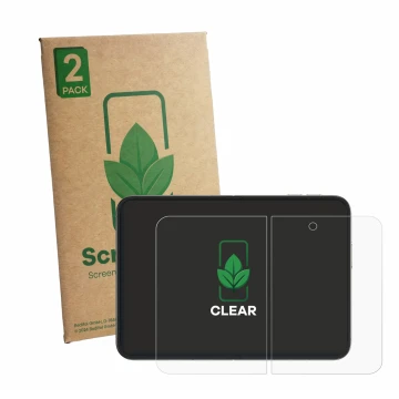 Vorderseite einer Produktverpackung mit dem Markenlogo ScreenLeaf. Daneben ist das Gerät Apple iPhone Duo (Inneres Display) mi