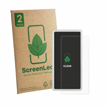 Vorderseite einer Produktverpackung mit dem Markenlogo ScreenLeaf. Daneben ist das Gerät PocketBook Q mit dem zugehörigen Disp