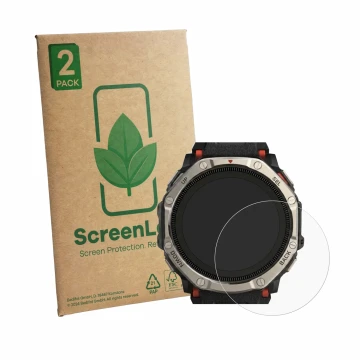 Vorderseite einer Produktverpackung mit dem Markenlogo ScreenLeaf. Daneben ist das Gerät Huami Amazfit T-Rex Dual Solar mit de