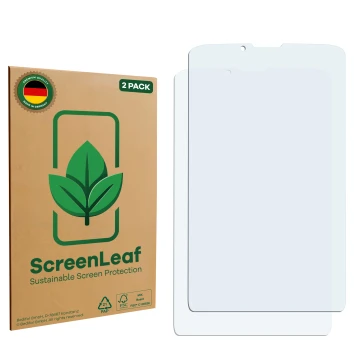 Vorderseite einer Produktverpackung mit dem Markenlogo ScreenLeaf. Daneben ist der zugehörige Displayschutz.