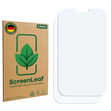 Vorderseite einer Produktverpackung mit dem Markenlogo ScreenLeaf. Daneben ist der zugehörige Displayschutz.