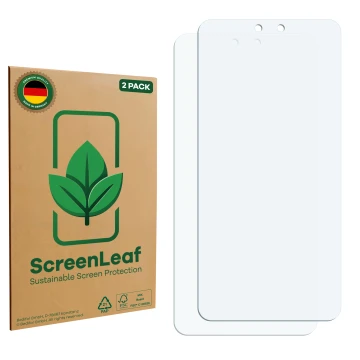 Vorderseite einer Produktverpackung mit dem Markenlogo ScreenLeaf. Daneben ist der zugehörige Displayschutz.