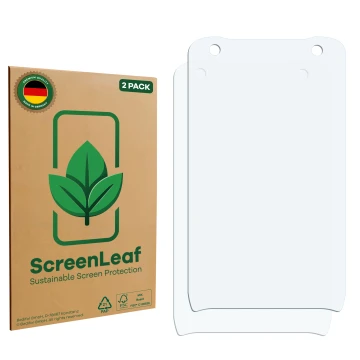 Vorderseite einer Produktverpackung mit dem Markenlogo ScreenLeaf. Daneben ist der zugehörige Displayschutz.