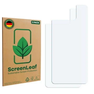 Vorderseite einer Produktverpackung mit dem Markenlogo ScreenLeaf. Daneben ist der zugehörige Displayschutz.