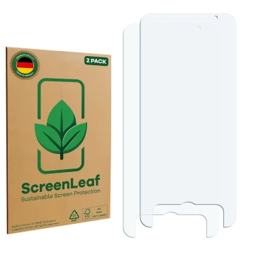 Vorderseite einer Produktverpackung mit dem Markenlogo ScreenLeaf. Daneben ist der zugehörige Displayschutz.
