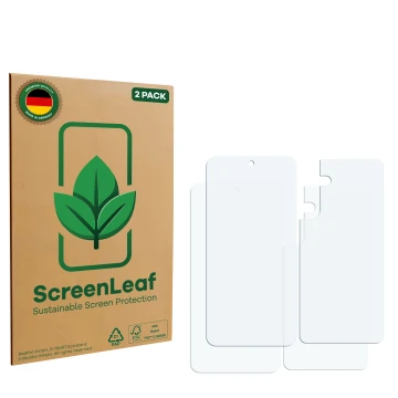 Vorderseite einer Produktverpackung mit dem Markenlogo ScreenLeaf. Daneben ist der zugehörige Displayschutz.