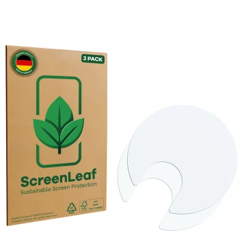 Vorderseite einer Produktverpackung mit dem Markenlogo ScreenLeaf. Daneben ist der zugehörige Displayschutz.