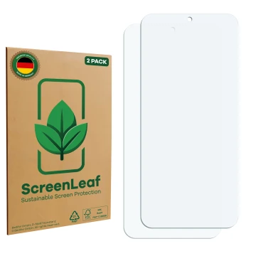 Vorderseite einer Produktverpackung mit dem Markenlogo ScreenLeaf. Daneben ist der zugehörige Displayschutz.