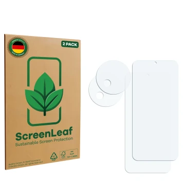 Vorderseite einer Produktverpackung mit dem Markenlogo ScreenLeaf. Daneben ist der zugehörige Displayschutz.
