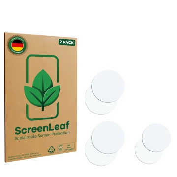 Vorderseite einer Produktverpackung mit dem Markenlogo ScreenLeaf. Daneben ist der zugehörige Displayschutz.