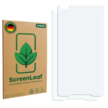 Vorderseite einer Produktverpackung mit dem Markenlogo ScreenLeaf. Daneben ist der zugehörige Displayschutz.