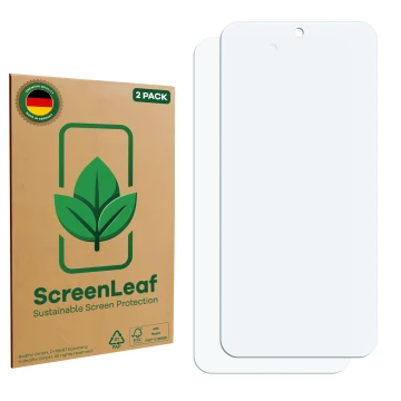 Vorderseite einer Produktverpackung mit dem Markenlogo ScreenLeaf. Daneben ist der zugehörige Displayschutz.