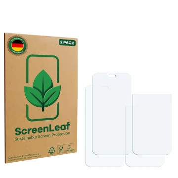 Vorderseite einer Produktverpackung mit dem Markenlogo ScreenLeaf. Daneben ist der zugehörige Displayschutz.