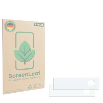 Vorderseite einer Produktverpackung mit dem Markenlogo ScreenLeaf. Daneben ist der zugehörige Displayschutz.