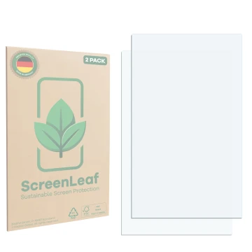 Vorderseite einer Produktverpackung mit dem Markenlogo ScreenLeaf. Daneben ist der zugehörige Displayschutz.