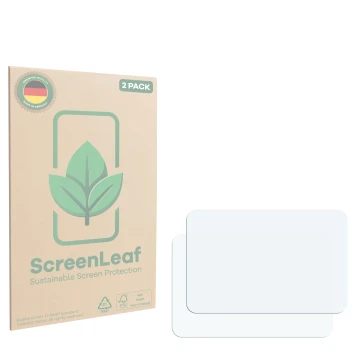 Vorderseite einer Produktverpackung mit dem Markenlogo ScreenLeaf. Daneben ist der zugehörige Displayschutz.