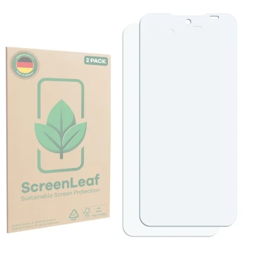 Vorderseite einer Produktverpackung mit dem Markenlogo ScreenLeaf. Daneben ist der zugehörige Displayschutz.