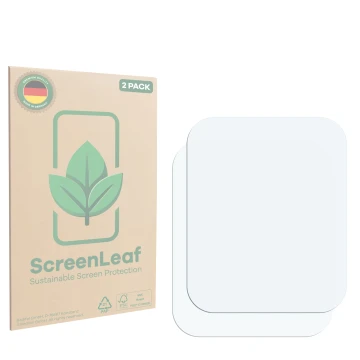 Vorderseite einer Produktverpackung mit dem Markenlogo ScreenLeaf. Daneben ist der zugehörige Displayschutz.