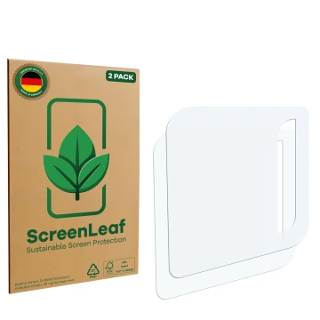 Vorderseite einer Produktverpackung mit dem Markenlogo ScreenLeaf. Daneben ist der zugehörige Displayschutz.