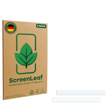 Vorderseite einer Produktverpackung mit dem Markenlogo ScreenLeaf. Daneben ist der zugehörige Displayschutz.