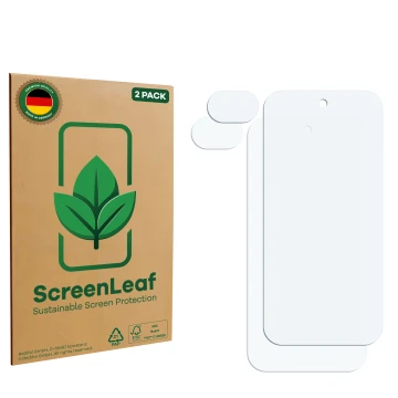Vorderseite einer Produktverpackung mit dem Markenlogo ScreenLeaf. Daneben ist der zugehörige Displayschutz.