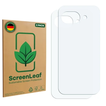 Vorderseite einer Produktverpackung mit dem Markenlogo ScreenLeaf. Daneben ist der zugehörige Displayschutz.