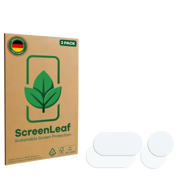 Vorderseite einer Produktverpackung mit dem Markenlogo ScreenLeaf. Daneben ist der zugehörige Displayschutz.