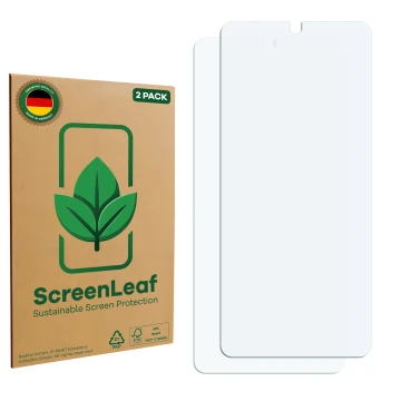 Vorderseite einer Produktverpackung mit dem Markenlogo ScreenLeaf. Daneben ist der zugehörige Displayschutz.