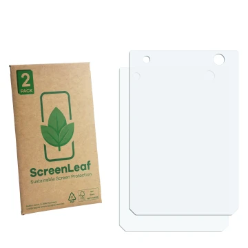 Vorderseite einer Produktverpackung mit dem Markenlogo ScreenLeaf. Daneben ist der zugehörige Displayschutz.