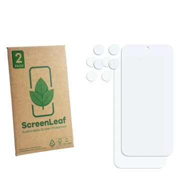 Vorderseite einer Produktverpackung mit dem Markenlogo ScreenLeaf. Daneben ist der zugehörige Displayschutz.