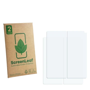 Vorderseite einer Produktverpackung mit dem Markenlogo ScreenLeaf. Daneben ist der zugehörige Displayschutz.