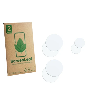 Vorderseite einer Produktverpackung mit dem Markenlogo ScreenLeaf. Daneben ist der zugehörige Displayschutz.