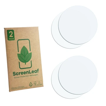 Vorderseite einer Produktverpackung mit dem Markenlogo ScreenLeaf. Daneben ist der zugehörige Displayschutz.