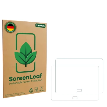 Vorderseite einer Produktverpackung mit dem Markenlogo ScreenLeaf. Daneben ist der zugehörige Displayschutz.