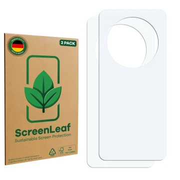 Vorderseite einer Produktverpackung mit dem Markenlogo ScreenLeaf. Daneben ist der zugehörige Displayschutz.