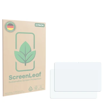 Vorderseite einer Produktverpackung mit dem Markenlogo ScreenLeaf. Daneben ist der zugehörige Displayschutz.
