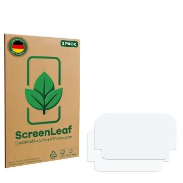 Vorderseite einer Produktverpackung mit dem Markenlogo ScreenLeaf. Daneben ist der zugehörige Displayschutz.
