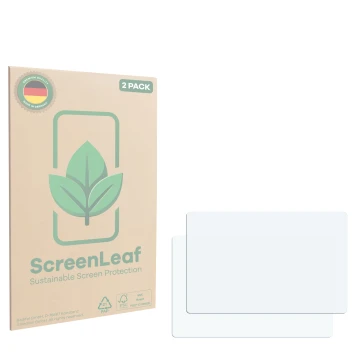Vorderseite einer Produktverpackung mit dem Markenlogo ScreenLeaf. Daneben ist der zugehörige Displayschutz.