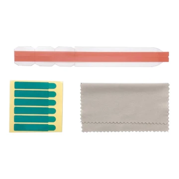 Abbildung der Klebestreifen, der Haltelaschen und des Mikrofasertuchs. 