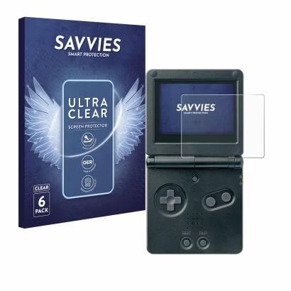 Vorderseite einer Produktverpackung mit dem Markenlogo Savvies. Daneben ist das Gerät Nintendo Gameboy Advance GBA SP mit dem 