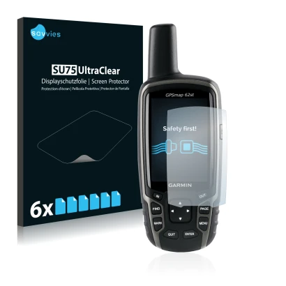 Vorderseite einer Produktverpackung mit dem Markenlogo Savvies. Daneben ist das Gerät Garmin GPSMAP 62st mit dem zugehörigen D