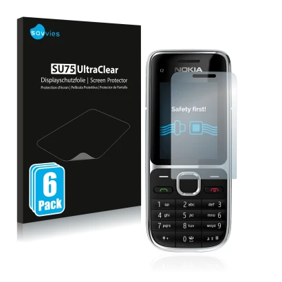 Vorderseite einer Produktverpackung mit dem Markenlogo Savvies. Daneben ist das Gerät Nokia C2-01 mit dem zugehörigen Displays