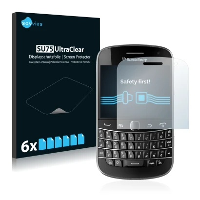 Vorderseite einer Produktverpackung mit dem Markenlogo Savvies. Daneben ist das Gerät RIM BlackBerry Bold Touch 9900 mit dem z