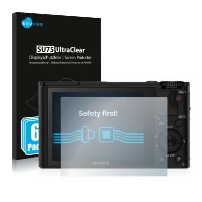 Vorderseite einer Produktverpackung mit dem Markenlogo Savvies. Daneben ist das Gerät Sony Cyber-Shot DSC-RX100 mit dem zugehö