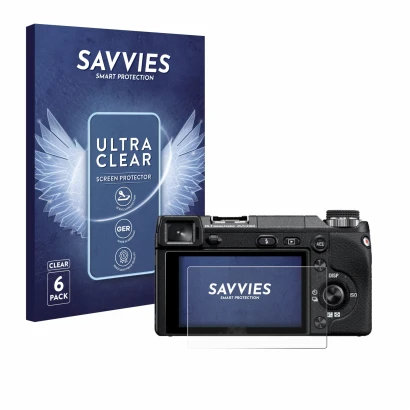 Vorderseite einer Produktverpackung mit dem Markenlogo Savvies. Daneben ist das Gerät Sony Alpha NEX-6 mit dem zugehörigen Dis